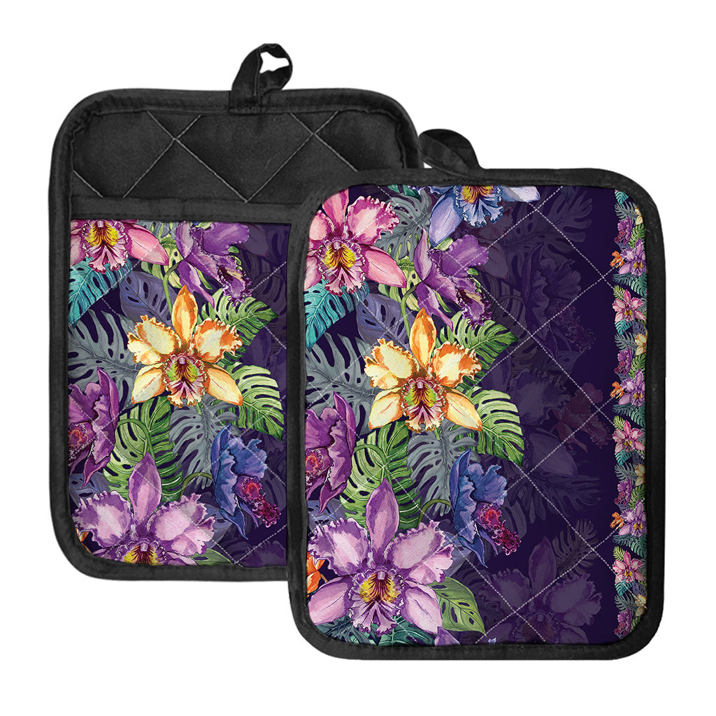Colorful Watercolor Cattleya Print Pot Holders With Pocket