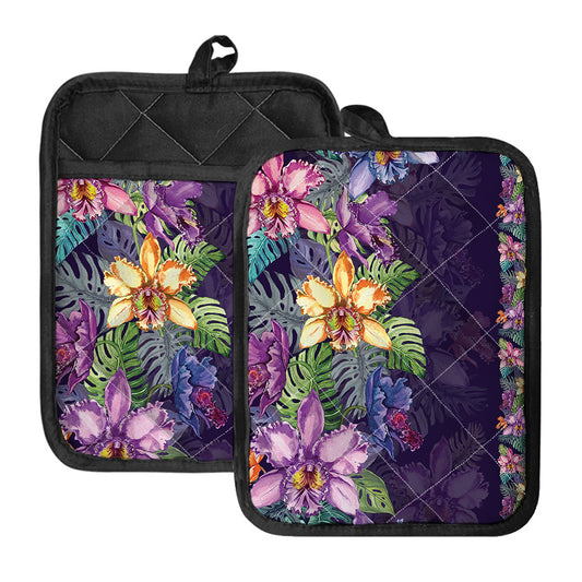 Colorful Watercolor Cattleya Print Pot Holders With Pocket