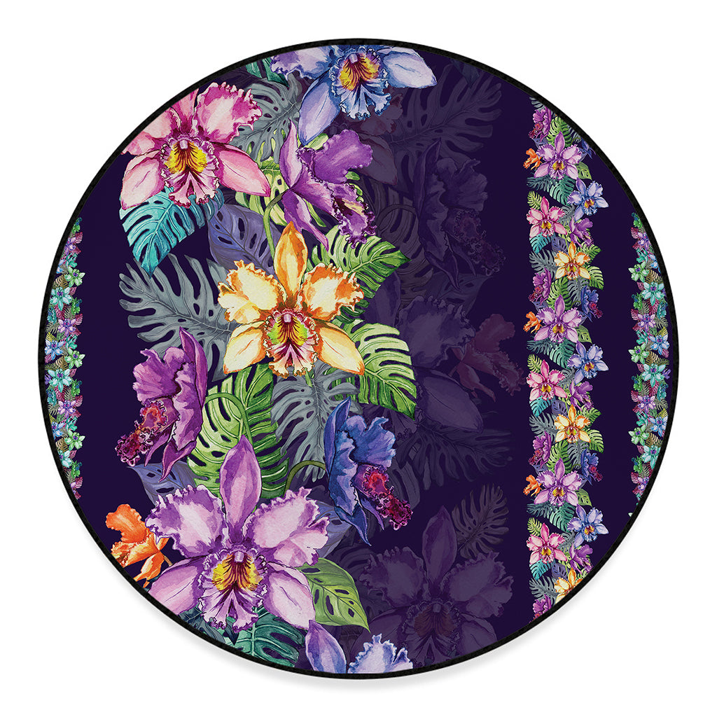 Colorful Watercolor Cattleya Print Round Floor Mat