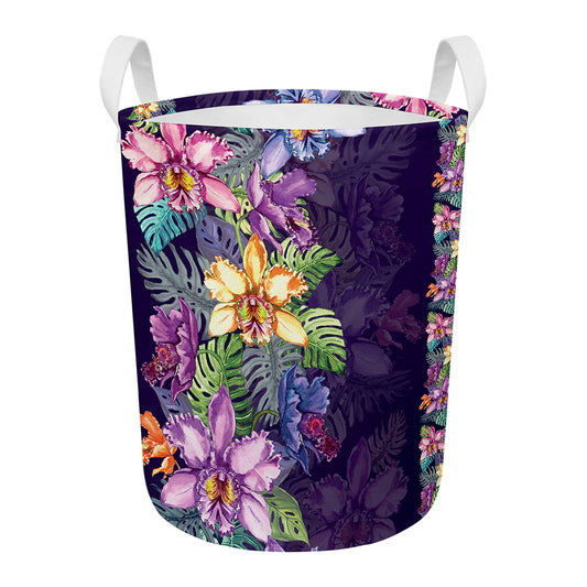 Colorful Watercolor Cattleya Print Round Laundry Basket