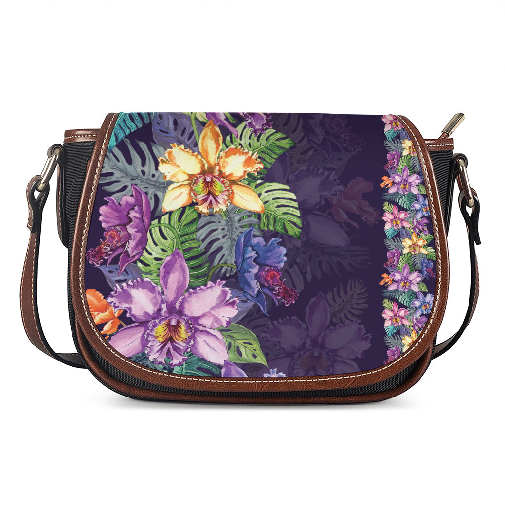 Colorful Watercolor Cattleya Print Saddle Bag