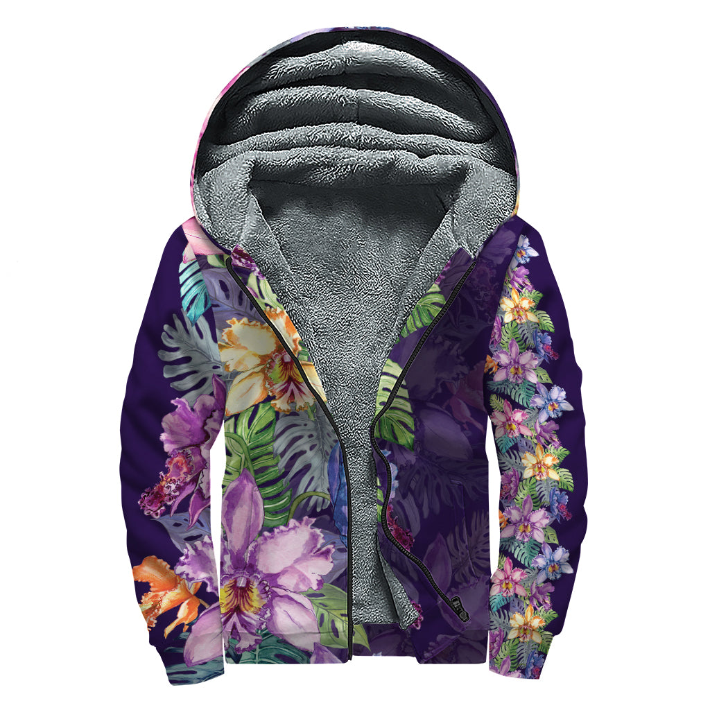 Colorful Watercolor Cattleya Print Sherpa Lined Zip Up Hoodie
