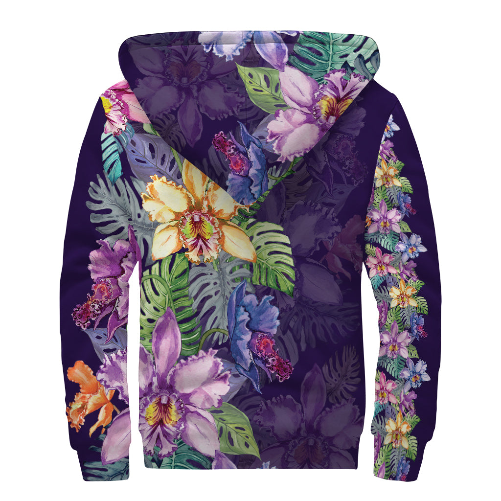 Colorful Watercolor Cattleya Print Sherpa Lined Zip Up Hoodie