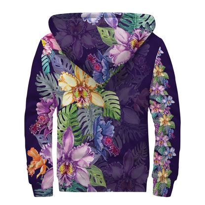Colorful Watercolor Cattleya Print Sherpa Lined Zip Up Hoodie