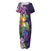 Colorful Watercolor Cattleya Print Short Sleeve Long Nightdress