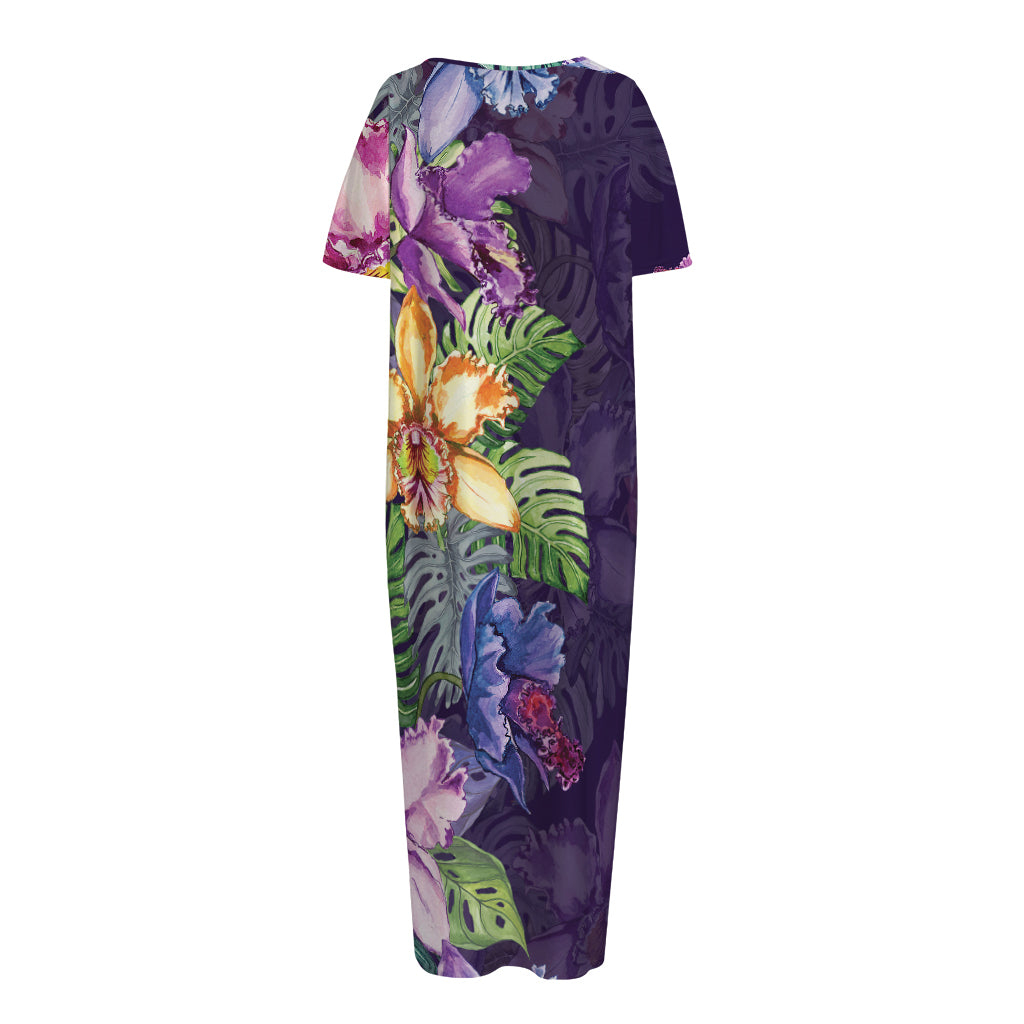 Colorful Watercolor Cattleya Print Short Sleeve Long Nightdress