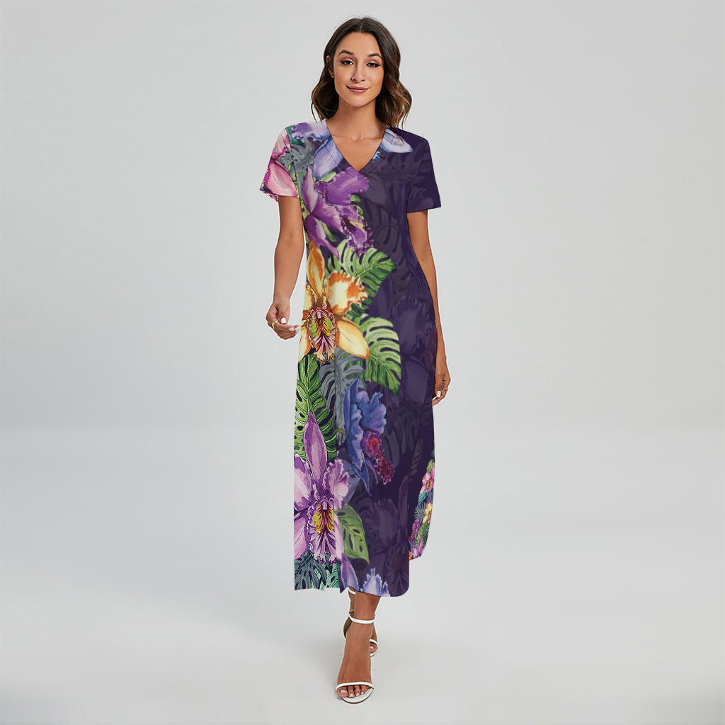 Colorful Watercolor Cattleya Print Short Sleeve Maxi Dress