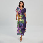 Colorful Watercolor Cattleya Print Short Sleeve Maxi Dress
