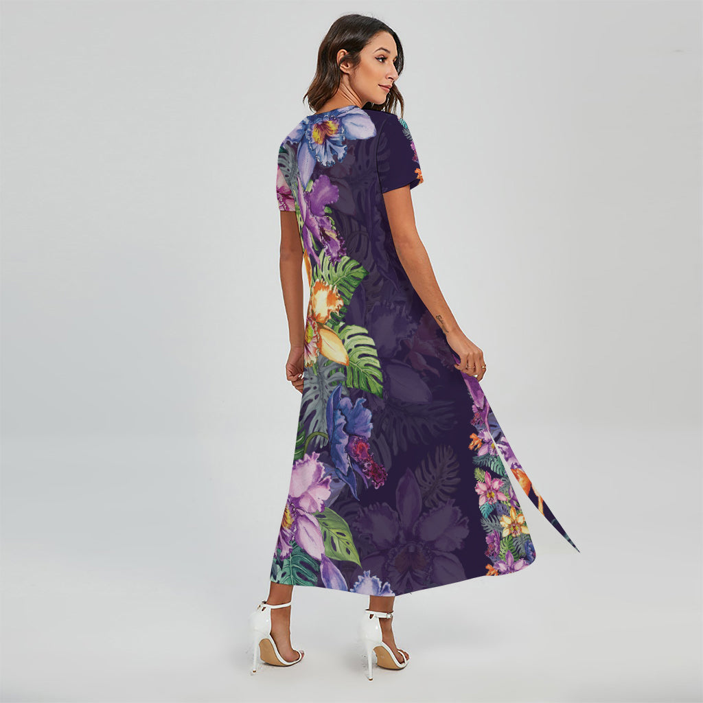 Colorful Watercolor Cattleya Print Short Sleeve Maxi Dress