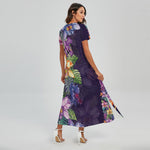 Colorful Watercolor Cattleya Print Short Sleeve Maxi Dress