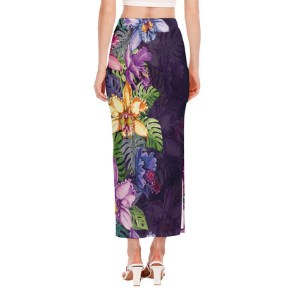 Colorful Watercolor Cattleya Print Side Slit Maxi Skirt