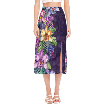 Colorful Watercolor Cattleya Print Side Slit Midi Skirt