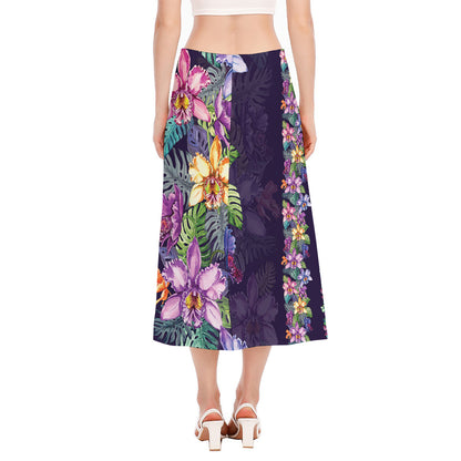 Colorful Watercolor Cattleya Print Side Slit Midi Skirt