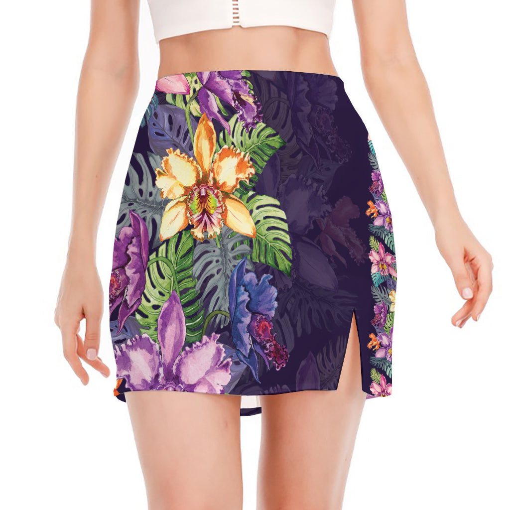 Colorful Watercolor Cattleya Print Side Slit Mini Skirt