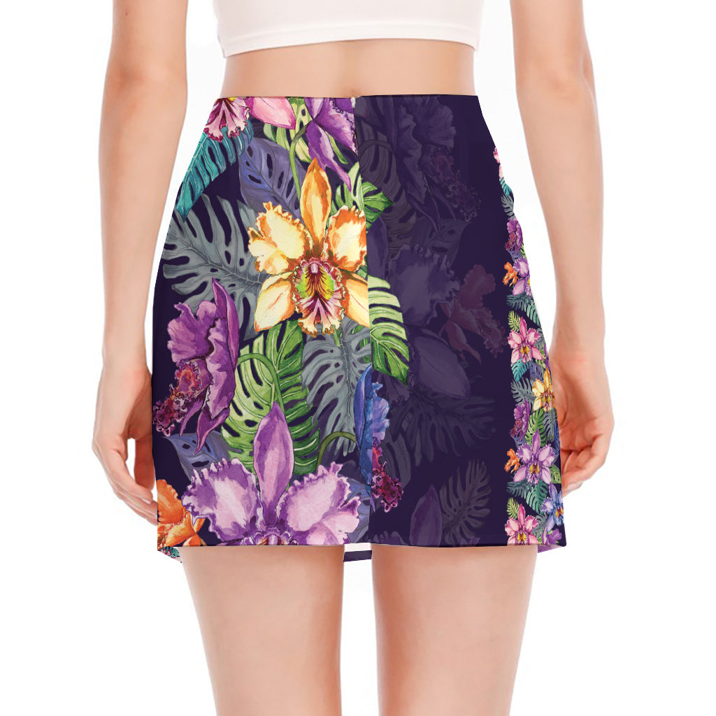 Colorful Watercolor Cattleya Print Side Slit Mini Skirt