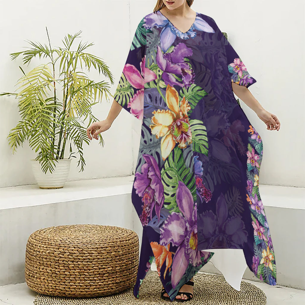 Colorful Watercolor Cattleya Print Silk V-Neck Kaftan Dress