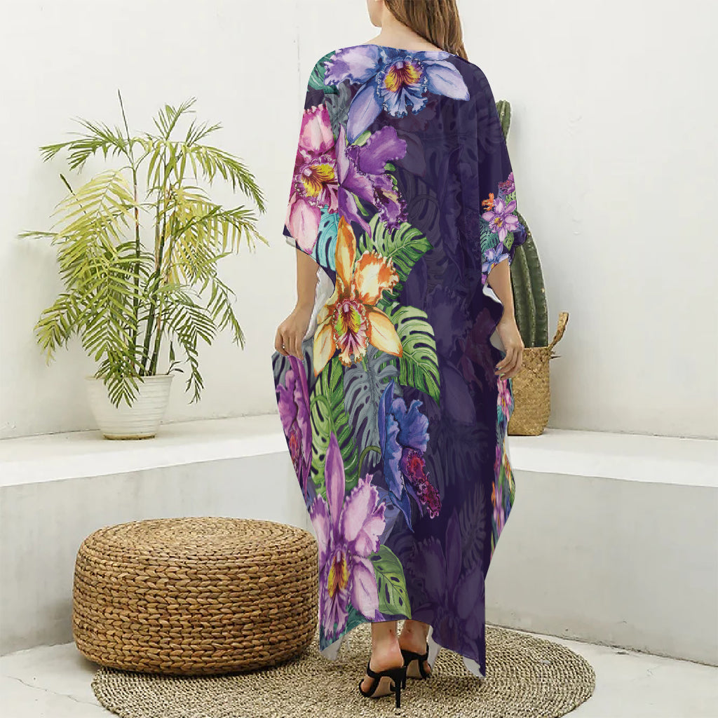 Colorful Watercolor Cattleya Print Silk V-Neck Kaftan Dress