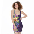 Colorful Watercolor Cattleya Print Sleeveless Bodycon Dress