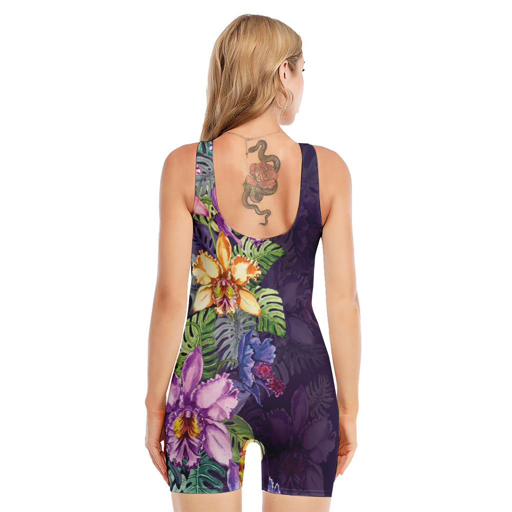 Colorful Watercolor Cattleya Print Sleeveless One Piece Swimsuit