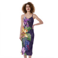 Colorful Watercolor Cattleya Print Slim Fit Midi Cami Dress