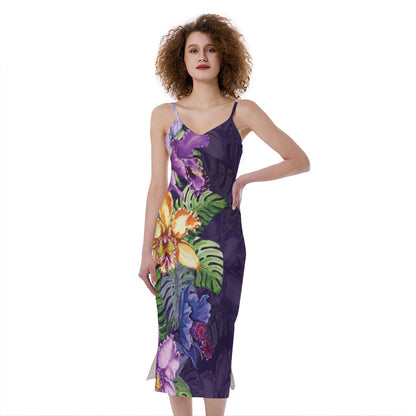 Colorful Watercolor Cattleya Print Slim Fit Midi Cami Dress