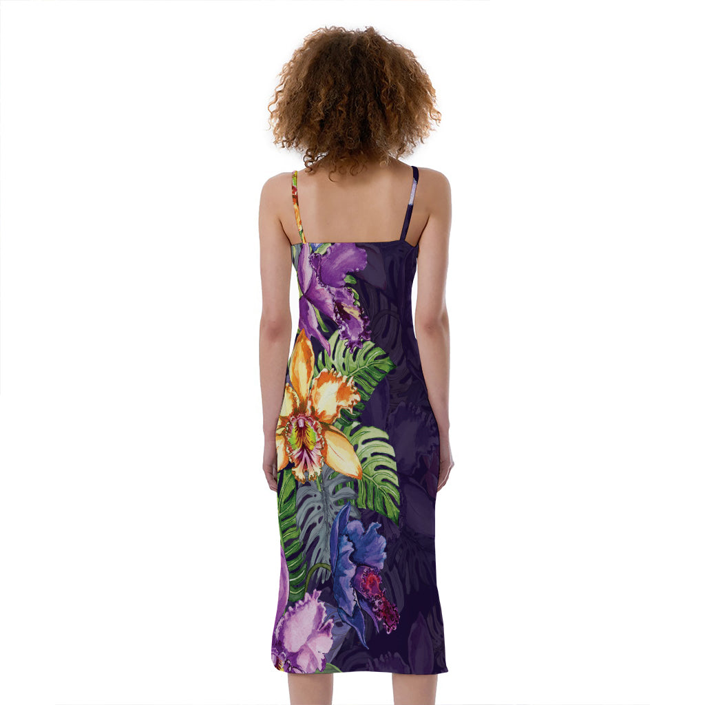 Colorful Watercolor Cattleya Print Slim Fit Midi Cami Dress