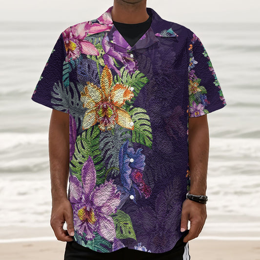 Colorful Watercolor Cattleya Print Textured Short Sleeve Shirt