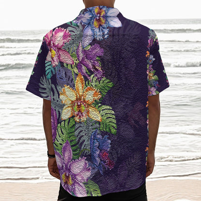 Colorful Watercolor Cattleya Print Textured Short Sleeve Shirt
