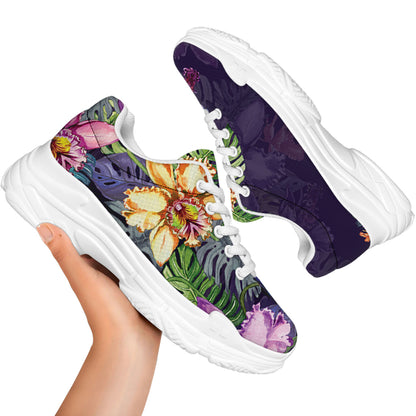 Colorful Watercolor Cattleya Print White Chunky Shoes