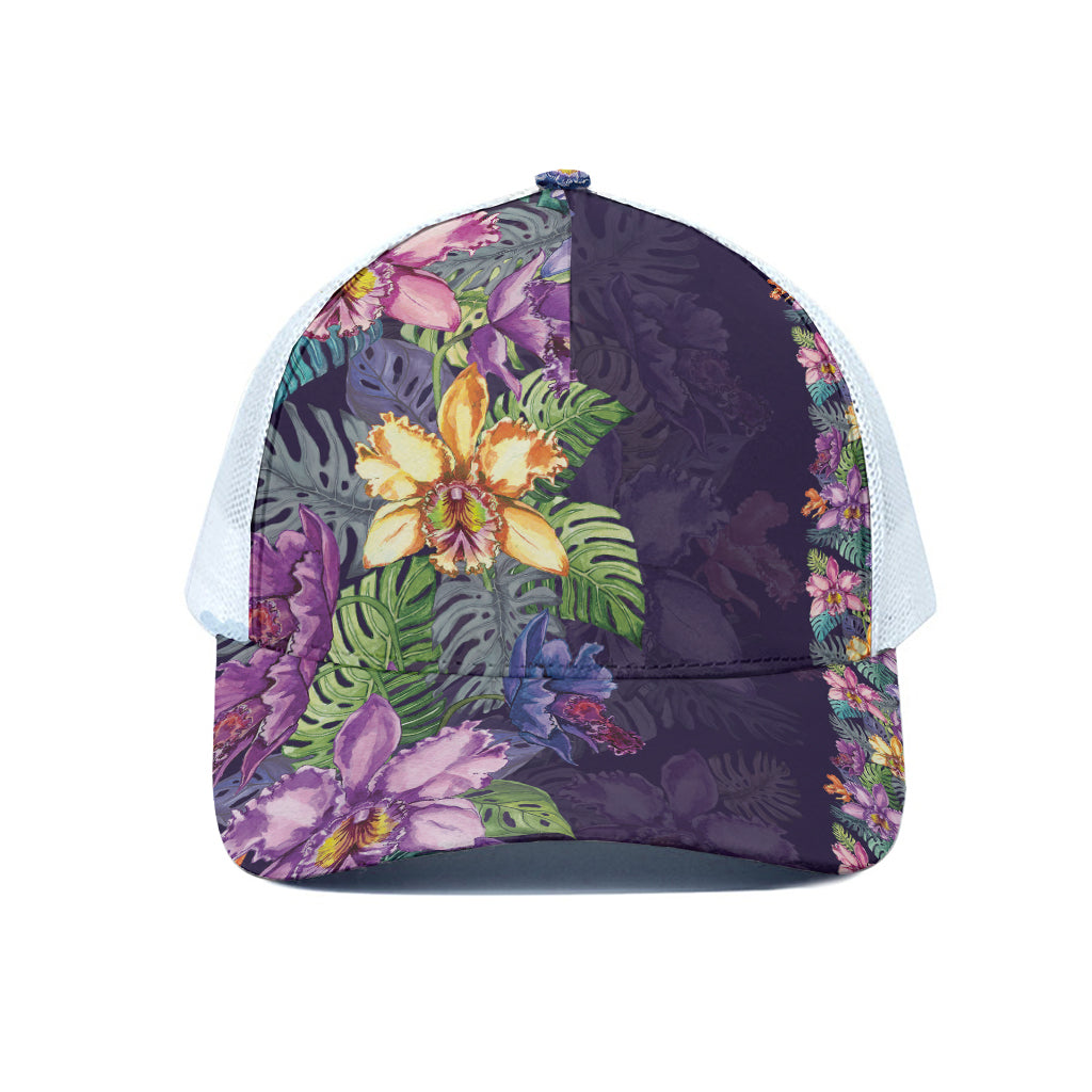 Colorful Watercolor Cattleya Print White Mesh Trucker Cap