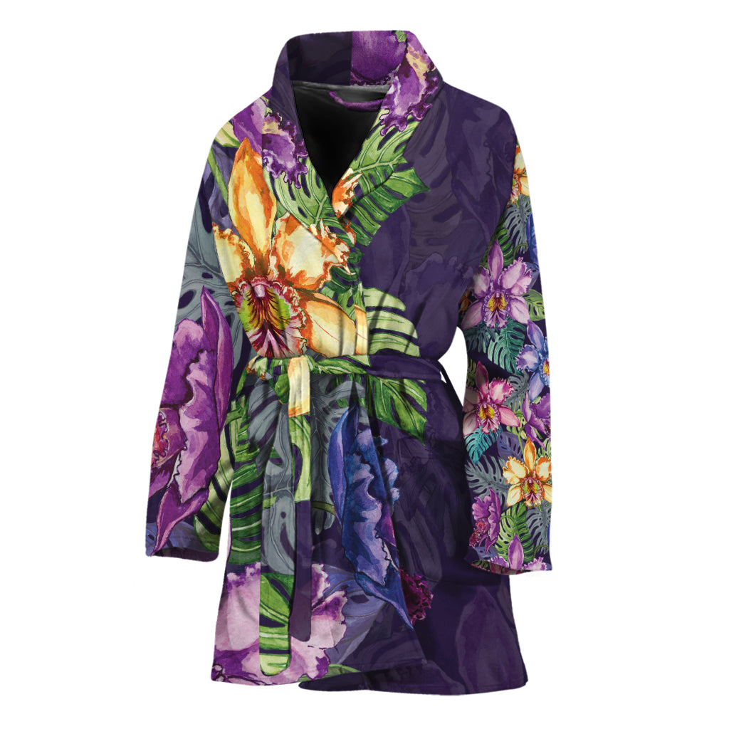 Colorful Watercolor Cattleya Print Women's Bathrobe