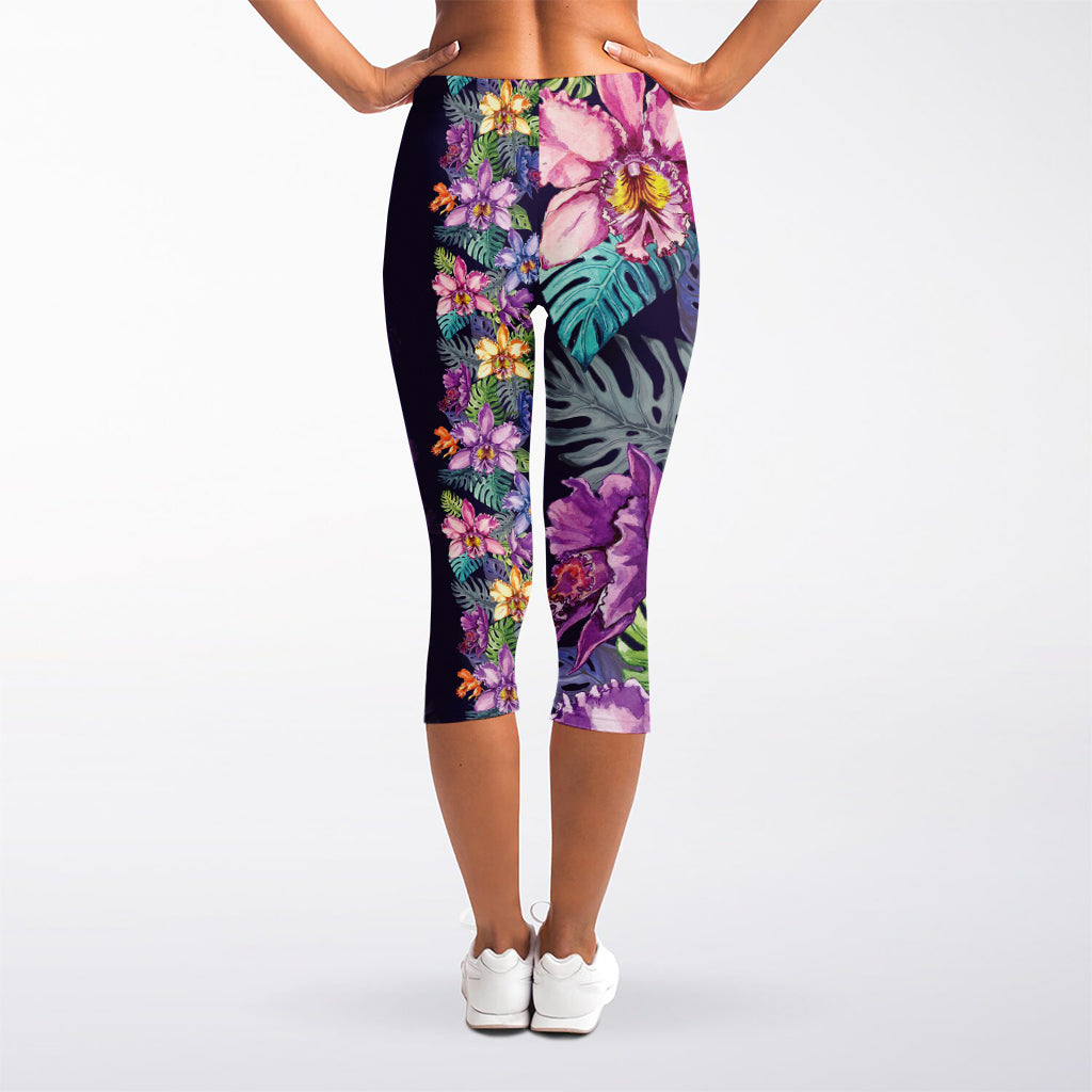 Colorful Watercolor Cattleya Print Women's Capri Leggings