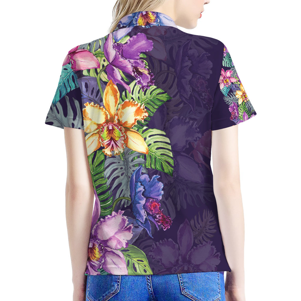 Colorful Watercolor Cattleya Print Women's Polo Shirt