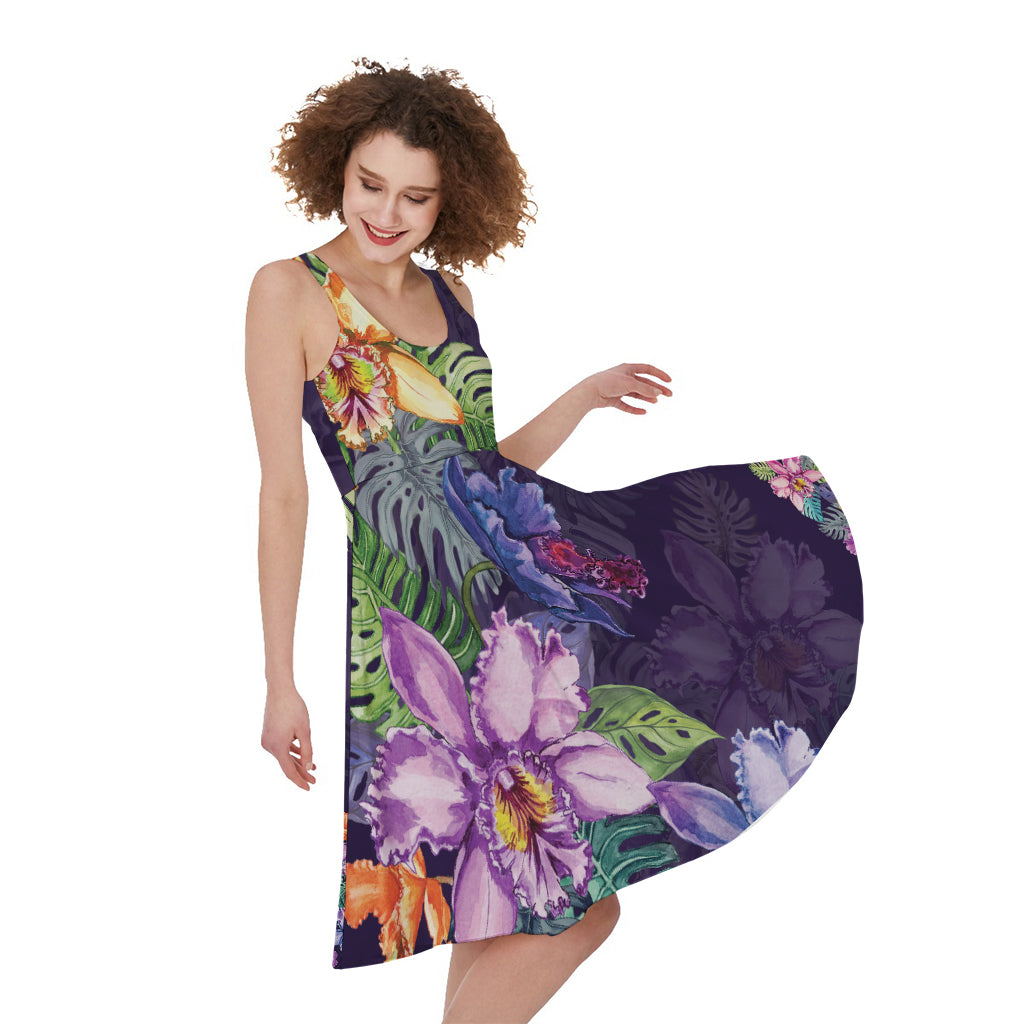Colorful Watercolor Cattleya Print Women's Sleeveless Dress
