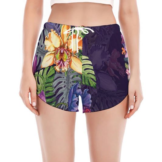 Colorful Watercolor Cattleya Print Women's Split Running Shorts