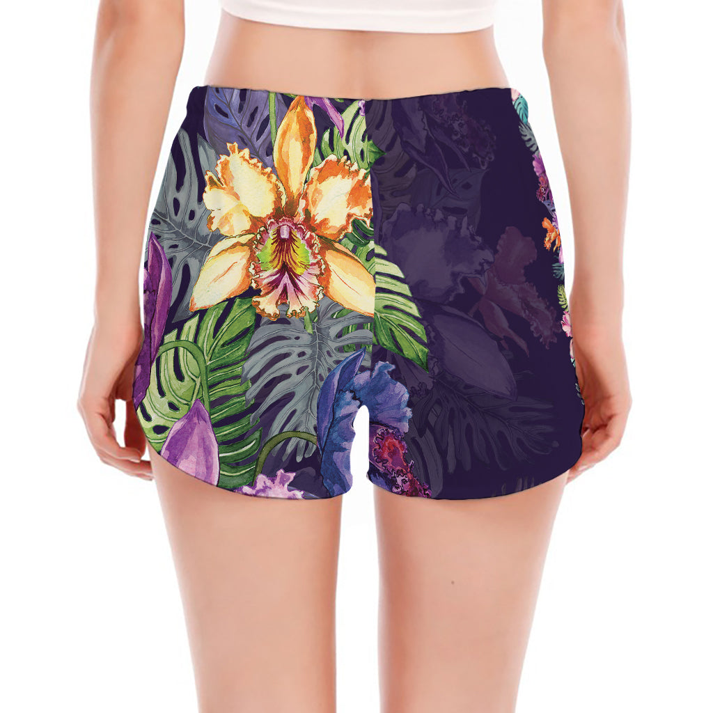 Colorful Watercolor Cattleya Print Women's Split Running Shorts