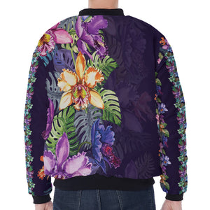 Colorful Watercolor Cattleya Print Zip Sleeve Bomber Jacket