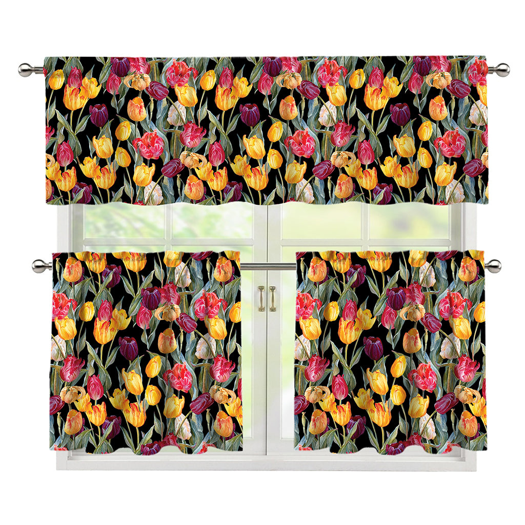 Colorful Watercolor Tulip Pattern Print 3 Piece Kitchen Curtains