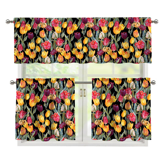 Colorful Watercolor Tulip Pattern Print 3 Piece Kitchen Curtains