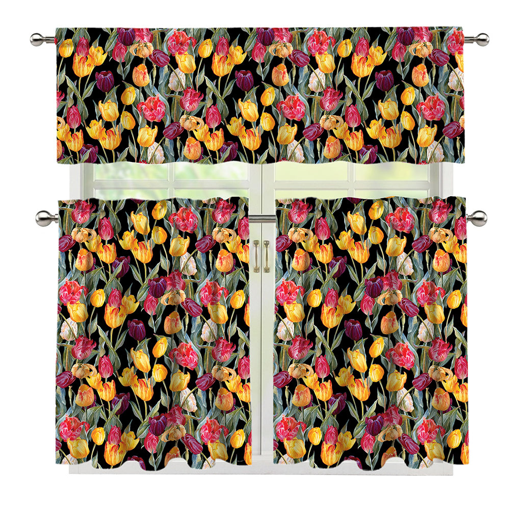 Colorful Watercolor Tulip Pattern Print 3 Piece Kitchen Curtains