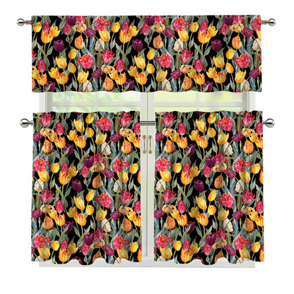 Colorful Watercolor Tulip Pattern Print 3 Piece Kitchen Curtains