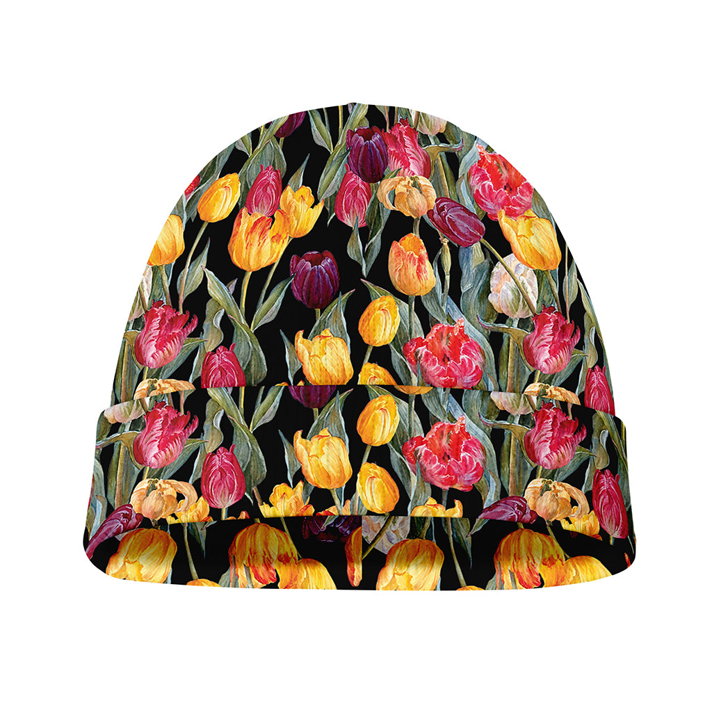 Colorful Watercolor Tulip Pattern Print Beanie