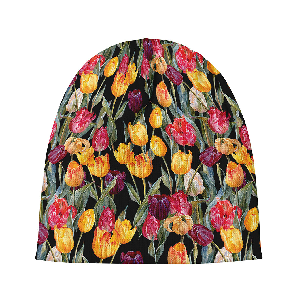 Colorful Watercolor Tulip Pattern Print Beanie