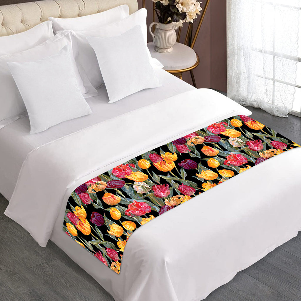 Colorful Watercolor Tulip Pattern Print Bed Runner