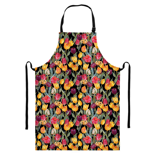 Colorful Watercolor Tulip Pattern Print Bib Apron With Pocket