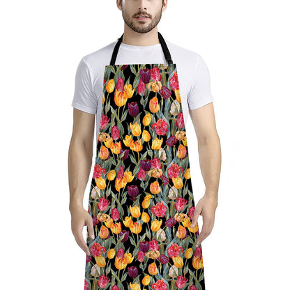 Colorful Watercolor Tulip Pattern Print Bib Apron With Pocket