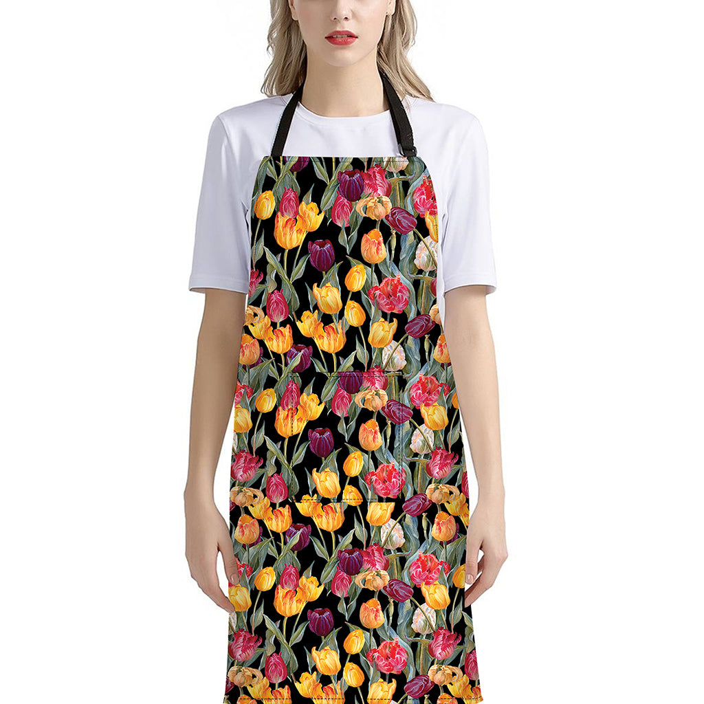 Colorful Watercolor Tulip Pattern Print Bib Apron With Pocket