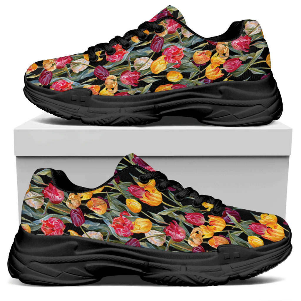 Colorful Watercolor Tulip Pattern Print Black Chunky Shoes