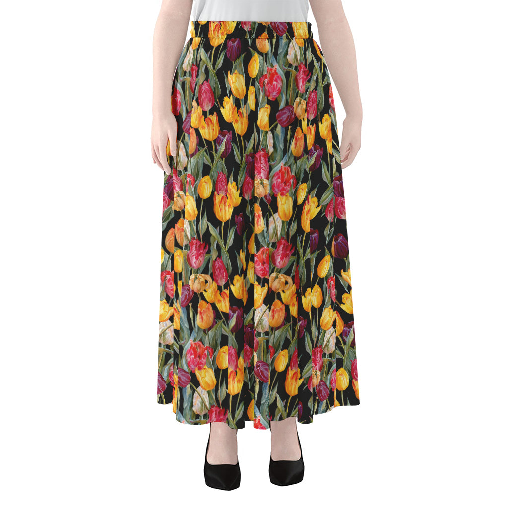 Colorful Watercolor Tulip Pattern Print Chiffon Maxi Skirt