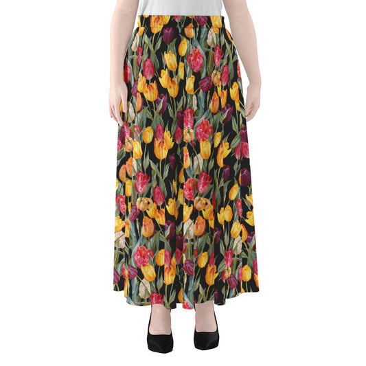 Colorful Watercolor Tulip Pattern Print Chiffon Maxi Skirt